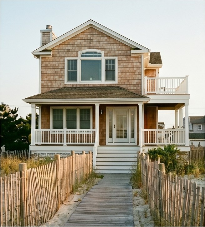 Cedar-shingle coastal home with boardwalk path and dune fencing