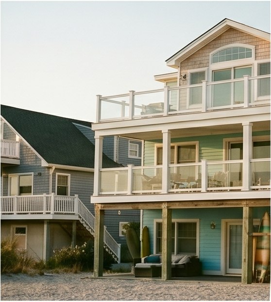 Two-story coastal home with upper deck and seaside facade