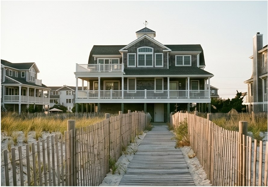 Coastal home approached by a wooden boardwalk through beach dunes