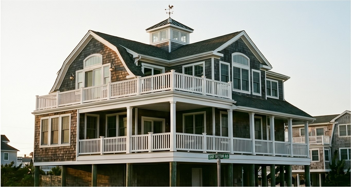Large shingle-style coastal estate with cupola and wraparound porches