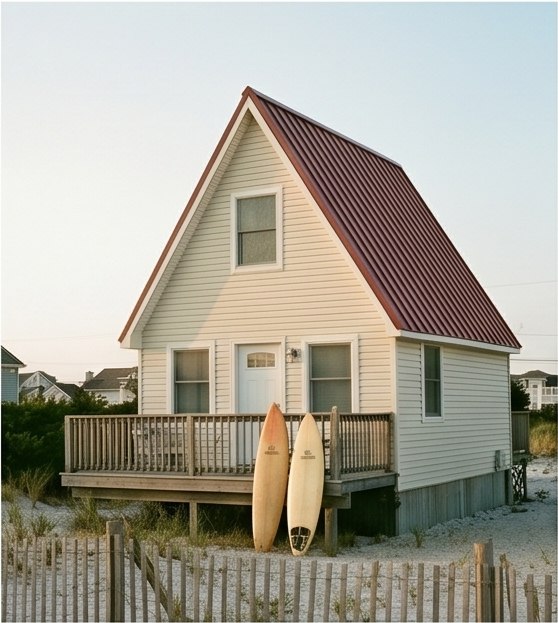Steep-gabled beach cottage with standing-seam roof and surfboards