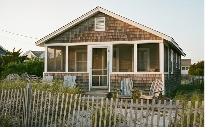 Cedar-shingled beach cottage with full-width screened porch