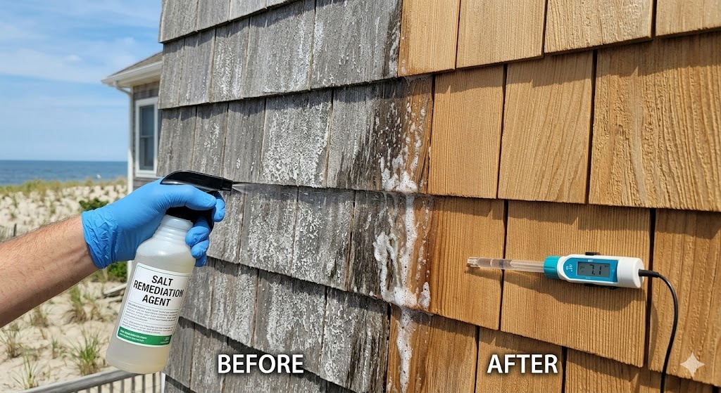 Salt remediation and pH testing on cedar shake siding