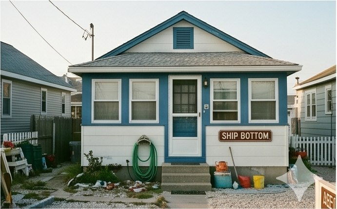 Blue and white Ship Bottom bungalow with classic coastal signage
