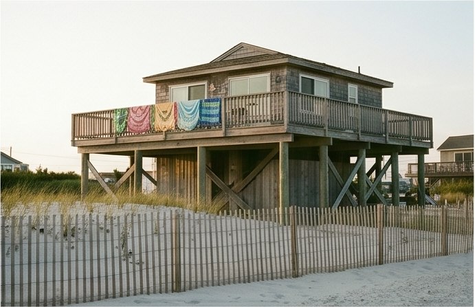 Stilt-built coastal home with open deck overlooking the dunes